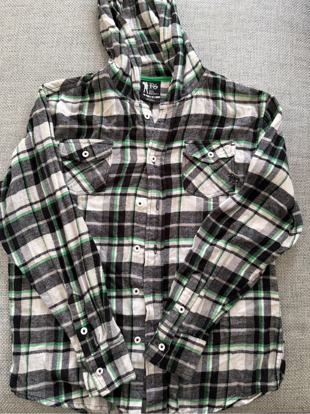 Boy’s Hooded Flannel button down long sleeve Shirt - Black, White & Green Plaid